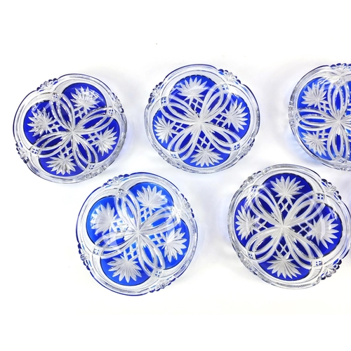 2237 - Set of six good quality Bohemian blue flashed cut glass dishes, each 15.5cm in diameter