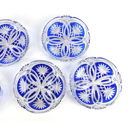 2237 - Set of six good quality Bohemian blue flashed cut glass dishes, each 15.5cm in diameter