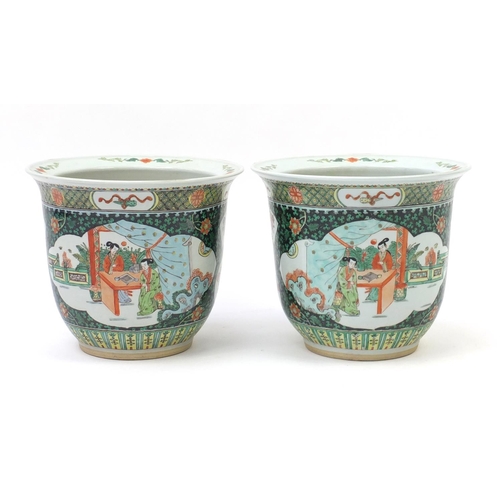 2028 - Pair of Chinese porcelain famille verte jardinières, each hand painted with figures and flowers, eac... 