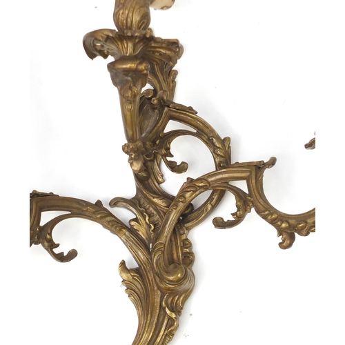 2112 - Pair of bronzed two branch acanthus design branch wall sconces, 41cm high
