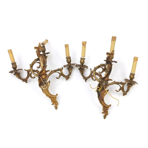 2112 - Pair of bronzed two branch acanthus design branch wall sconces, 41cm high