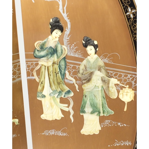 2010 - Chinese lacquered four fold screen, decorated in relief with females around a pagoda, 183cm H x 186c... 