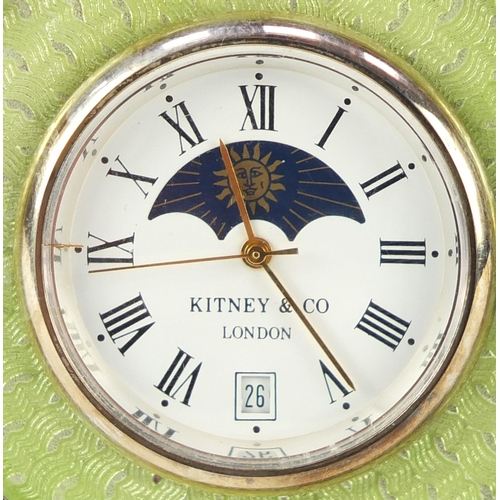 2566 - Kitney & Co silver and green guilloche enamel strut clock, with moon phase dial, London hallmarks, 6... 