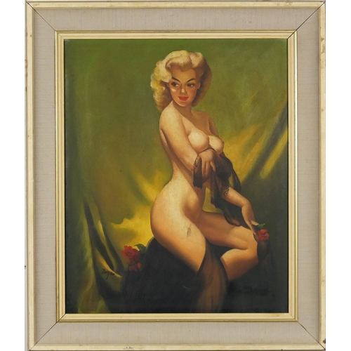 2180 - Nude pin up girl, American school oil on board, bearing an indistinct signature possibly Elvgren, fr... 