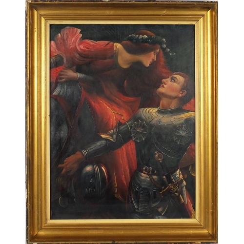 2093 - Knight in armour rescuing a maiden, oil on board, bearing an inscription verso, mounted and framed, ... 