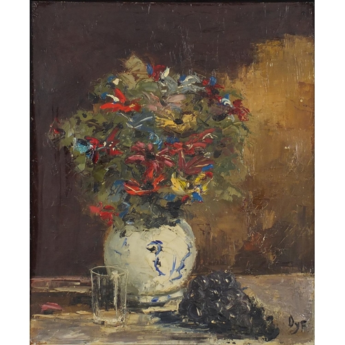 2479 - Still life flowers and fruit, oil on canvas, bearing a signature Dyf, framed, 59.5cm x 49cm