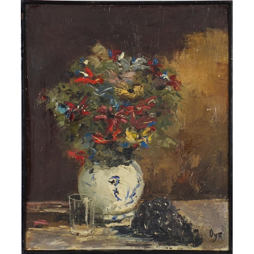 2479 - Still life flowers and fruit, oil on canvas, bearing a signature Dyf, framed, 59.5cm x 49cm