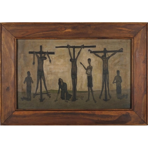 2472 - Crucifixion, oil on board, bearing an indistinct inscriptions verso, framed, 76cm x 45.5cm