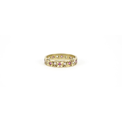 2838 - 9ct gold pink and clear stone eternity ring, size M, 2.2g
