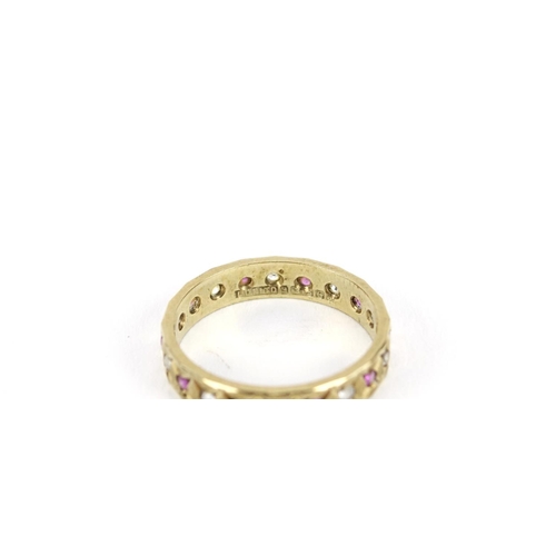 2838 - 9ct gold pink and clear stone eternity ring, size M, 2.2g