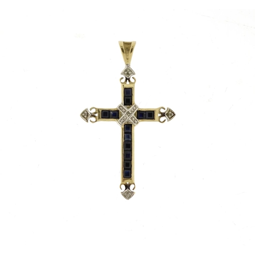 2811 - 9ct gold sapphire and diamond cross pendant, 3.5cm long, 1.2g