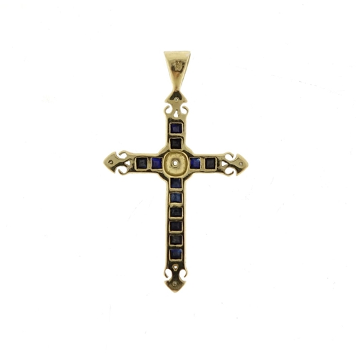 2811 - 9ct gold sapphire and diamond cross pendant, 3.5cm long, 1.2g