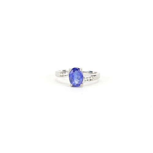 2897 - 18ct white gold blue stone and diamond ring, size N, 3.5g