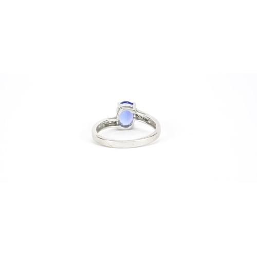 2897 - 18ct white gold blue stone and diamond ring, size N, 3.5g