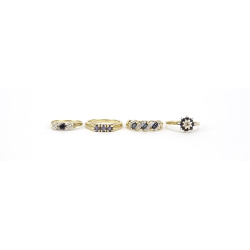 2722 - Four 9ct gold rings set with assorted stones including diamonds and sapphires, various sizes, 7.2g