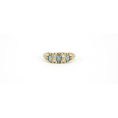 2685 - 9ct gold green stone and diamond ring, size P, 2.2g