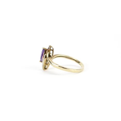 2839 - 9ct gold amethyst and diamond ring, size O, 2.7g