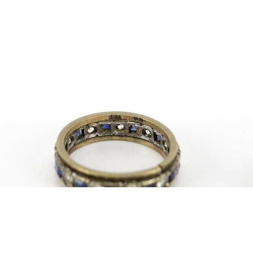 2853 - Two 9ct gold eternity rings set with blue and clear stones, sizes L and M, 7.5g