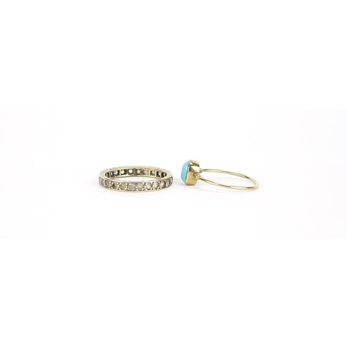 2696 - 9ct gold clear stone eternity ring and a 9ct gold cabochon turquoise ring, sizes P and M, 3.3g
