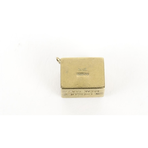 2799 - Two 9ct gold emergency note charms, the largest 3cm high, 7.5g