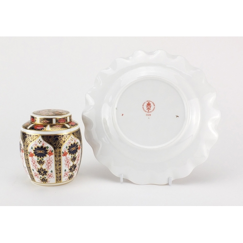 2210 - Royal Crown Derby Old Imari pattern plate and tea caddy, the largest, 22cm in diameter