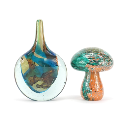 2378 - Mdina glass vase and a mushroom paperweight, the largest 21cm high