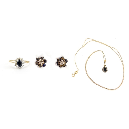 2663 - 9ct gold jewellery suite set with diamonds and black and clear sapphires, 4.2g