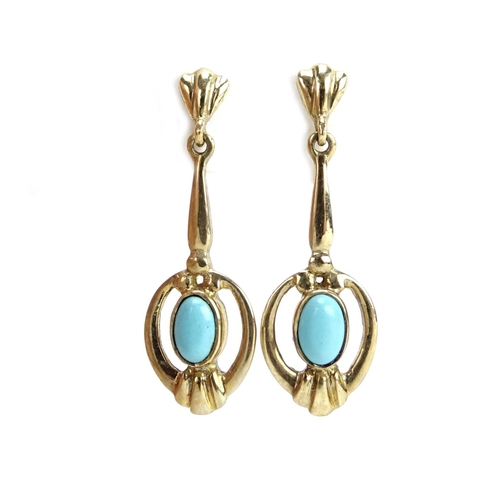 2947 - Pair of 9ct gold turquoise drop earrings, 2.8cm in length, 2.8g