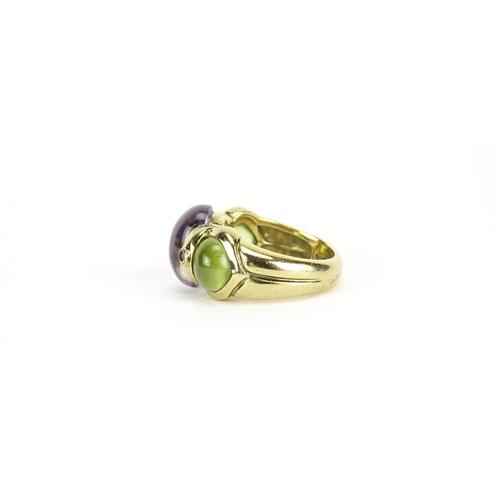 2946 - Designer silver gilt cabochon purple and green stone ring, size L, 8.4g