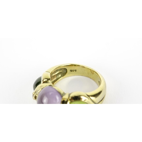 2946 - Designer silver gilt cabochon purple and green stone ring, size L, 8.4g