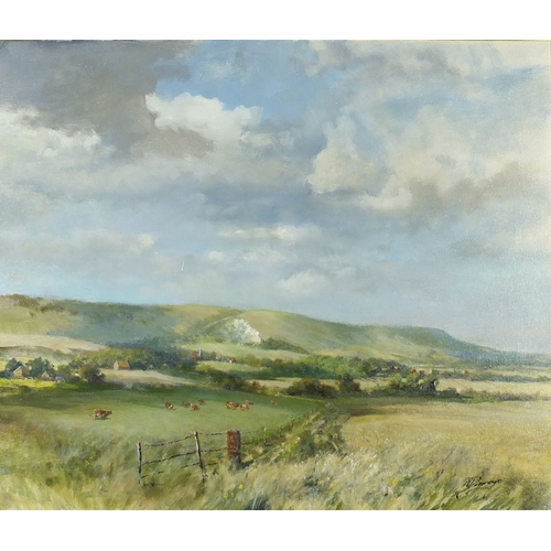 2230 - Norman Dinnage - Bo-Peep and Firle Beacon, oil on canvas, label verso, mounted and framed, 60cm x 50... 
