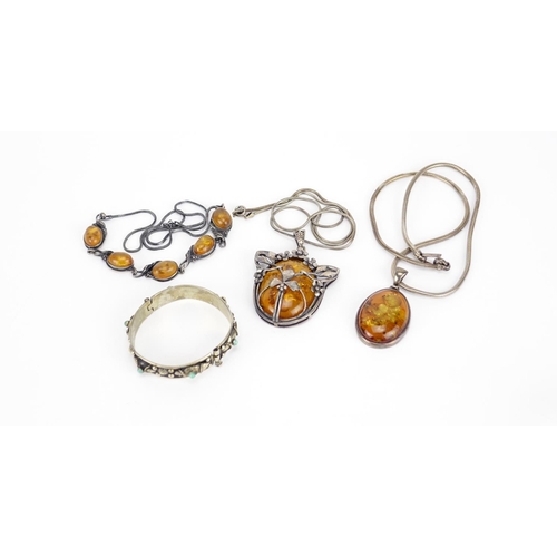 2717 - Silver and white metal jewellery including two natural amber pendants and bracelet, 99.0g