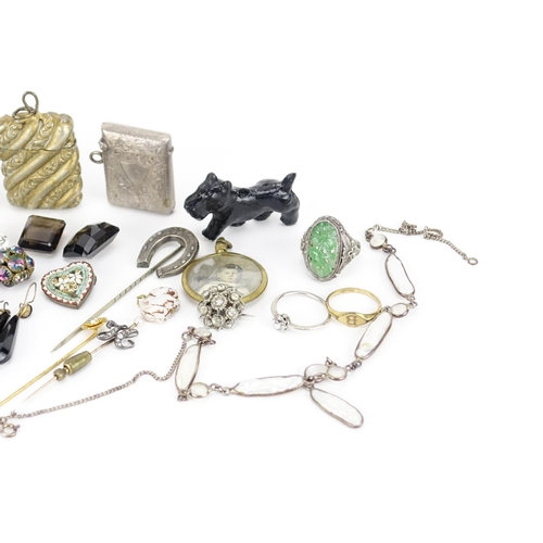 2953 - Antique and later jewellery including two Chinese jade silver coloured metal rings, silver vesta, mi... 