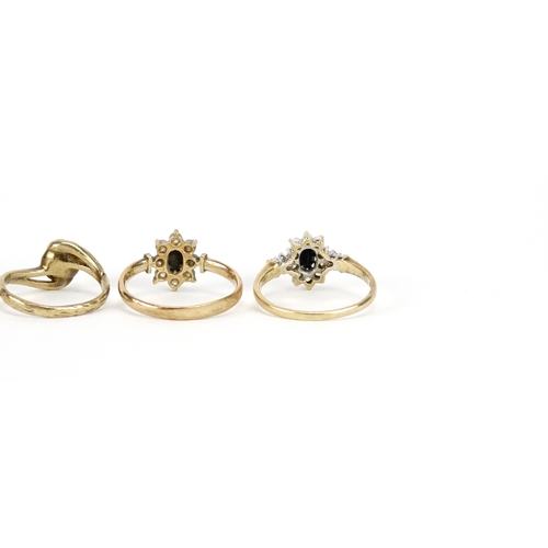 2681 - Four 9ct gold rings set with sapphires and pearls, various sizes, 6.2g