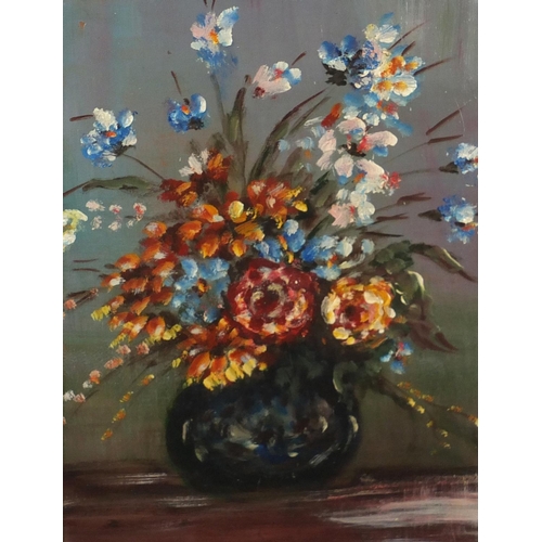 2474 - Still life flowers in a vase, oil on board, bearing an indistinct inscriptions verso, mounted and fr... 