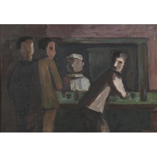 2555 - Figures at a bar, oil on board, bearing an indistinct signature, framed, 49.5cm x 34cm