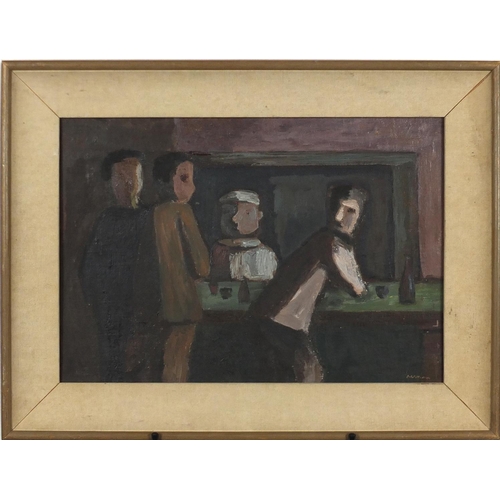 2555 - Figures at a bar, oil on board, bearing an indistinct signature, framed, 49.5cm x 34cm