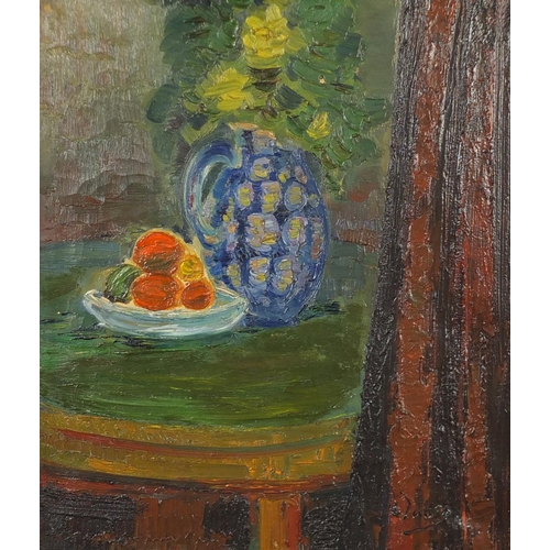 2231 - Still life flowers and fruit, oil on canvas, bearing an indistinct signature possibly Vadie, mounted... 