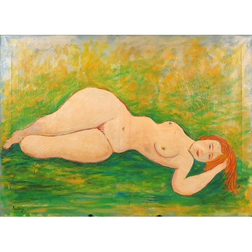 2282 - Reclining nude female, oil on canvas, bearing a signature Kisling, unframed, 76.5cm x 56cm