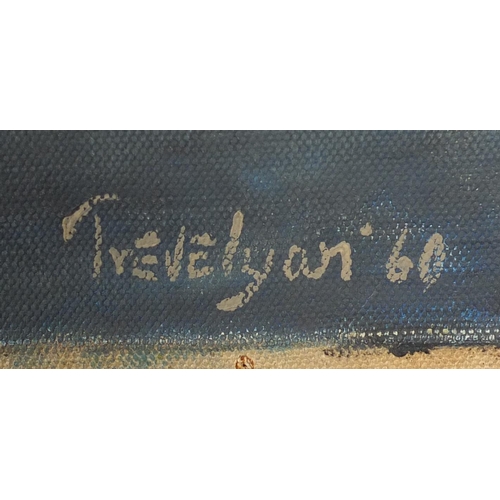 2133 - After Julian Trevelyan - Village by the sea, oil on canvas, unframed, 77cm x 63cm
