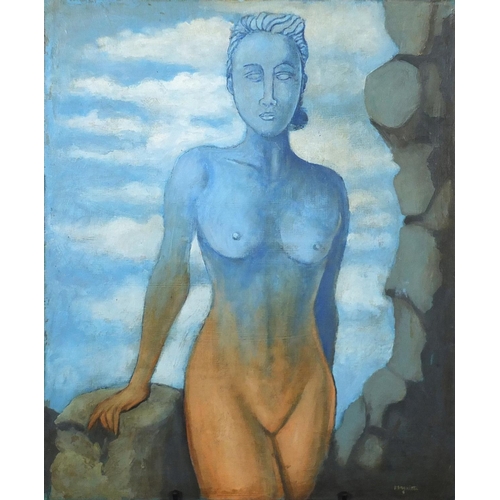 2138 - Surreal nude female, oil on canvas, bearing a signature Magritte, unframed, 61cm x 50cm