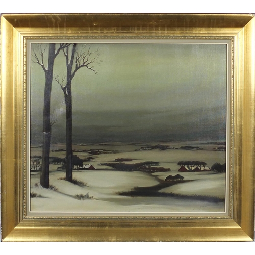 2284 - Winter landscape, oil on canvas, bearing a signature possibly Briamhon, mounted and framed, 70cm x 5... 