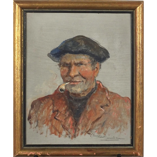 2097 - Robert Laroche - Head and shoulders portrait of a man smoking a pipe, oil on board, Mohr Art Galleri... 