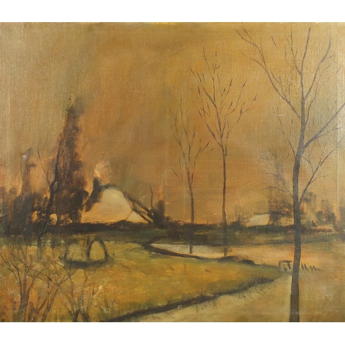 2182 - Lake before a cottage, oil on canvas, bearing an indistinct signature Claeys, 73.5cm x 64cm