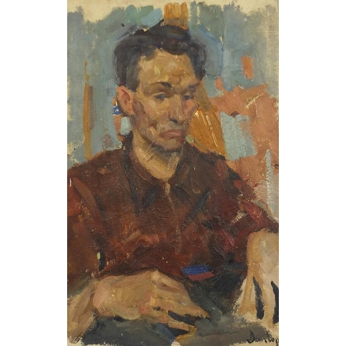 2557 - Portrait of a seated man, oil on board, bearing a signature Dunlop, framed, 50cm x 31cm