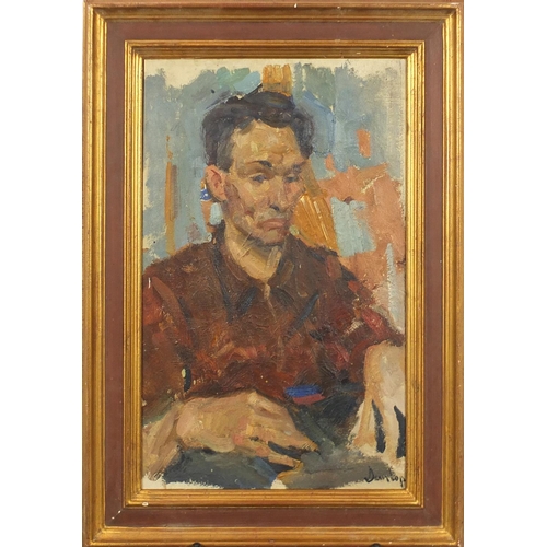 2557 - Portrait of a seated man, oil on board, bearing a signature Dunlop, framed, 50cm x 31cm