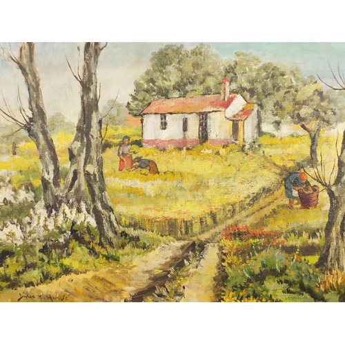 2229 - Harvest scene, oil on canvas, bearing a signature possibly Jules R Hemvre, framed, 64cm x 48cm