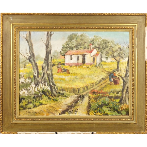 2229 - Harvest scene, oil on canvas, bearing a signature possibly Jules R Hemvre, framed, 64cm x 48cm