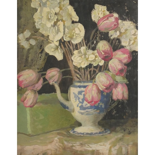 2185 - George Sheringham - Flowers in a coffee pot, watercolour, Kensington Art Gallery label verso, framed... 