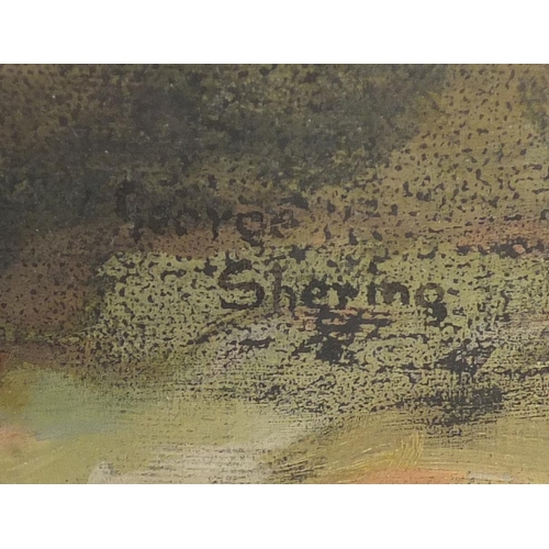 2185 - George Sheringham - Flowers in a coffee pot, watercolour, Kensington Art Gallery label verso, framed... 